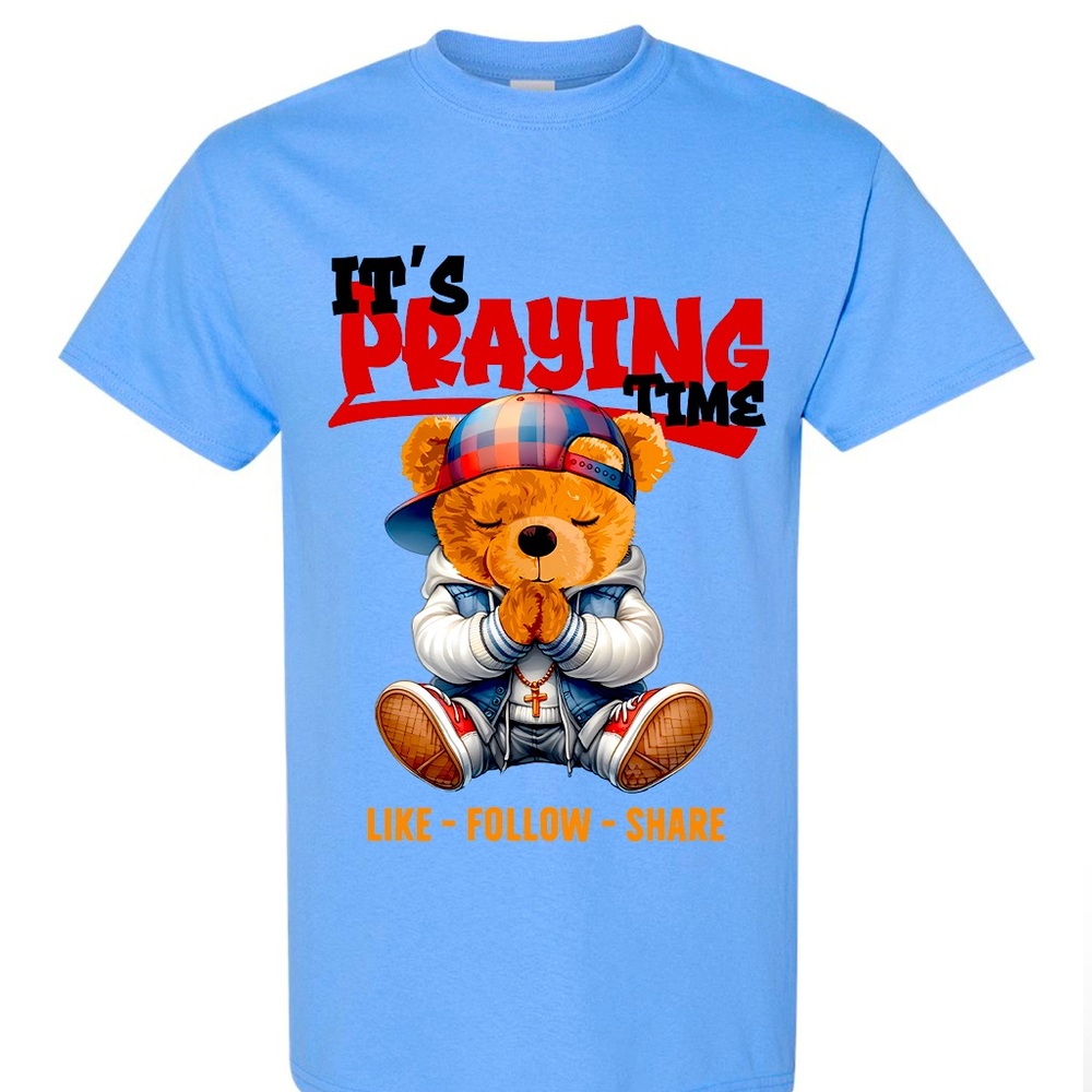 Gildan Carolina Blue Tee with Praying Bear Graphic